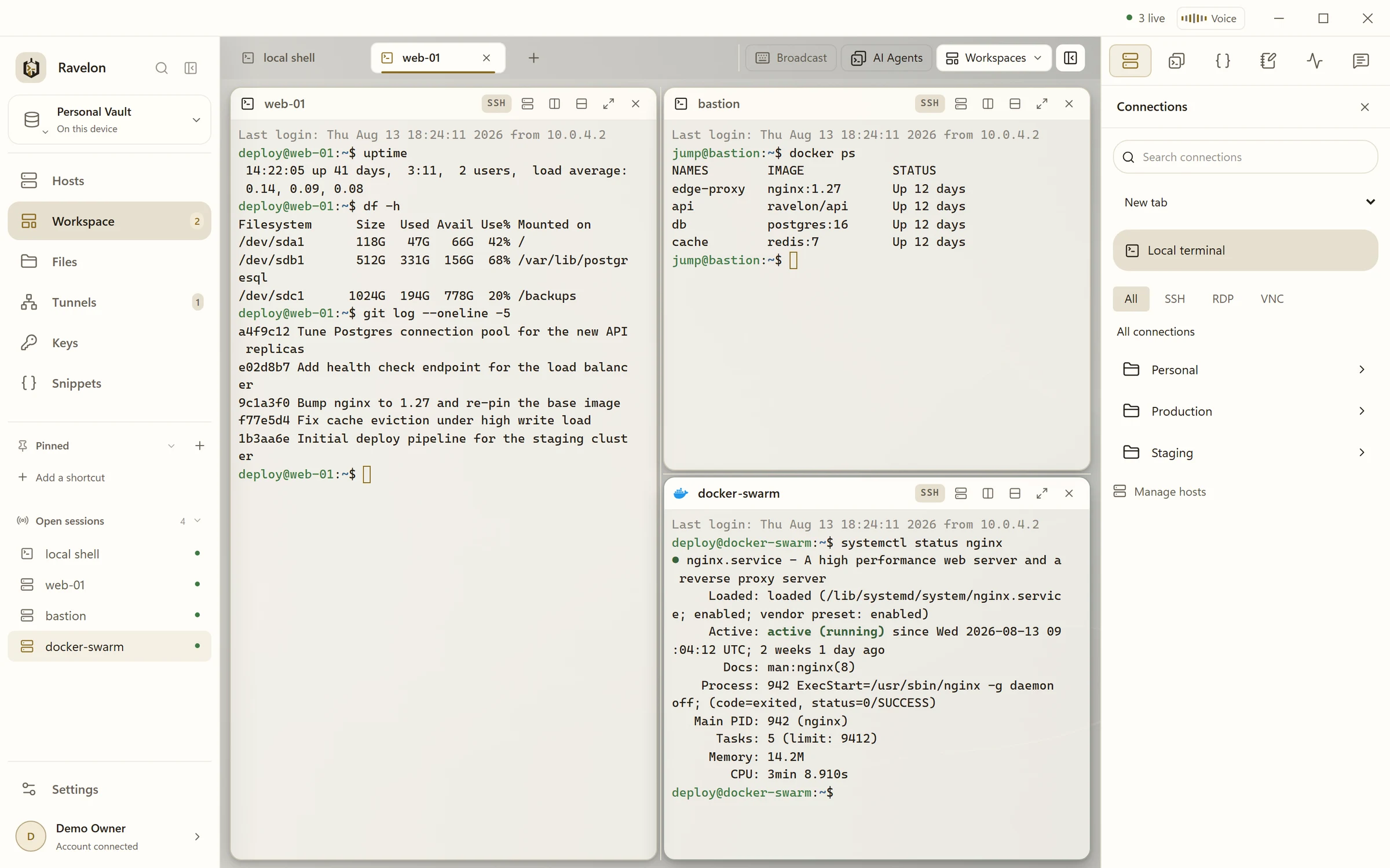 Three SSH sessions split side by side in one Ravelon tab, showing disk usage, running containers and nginx status