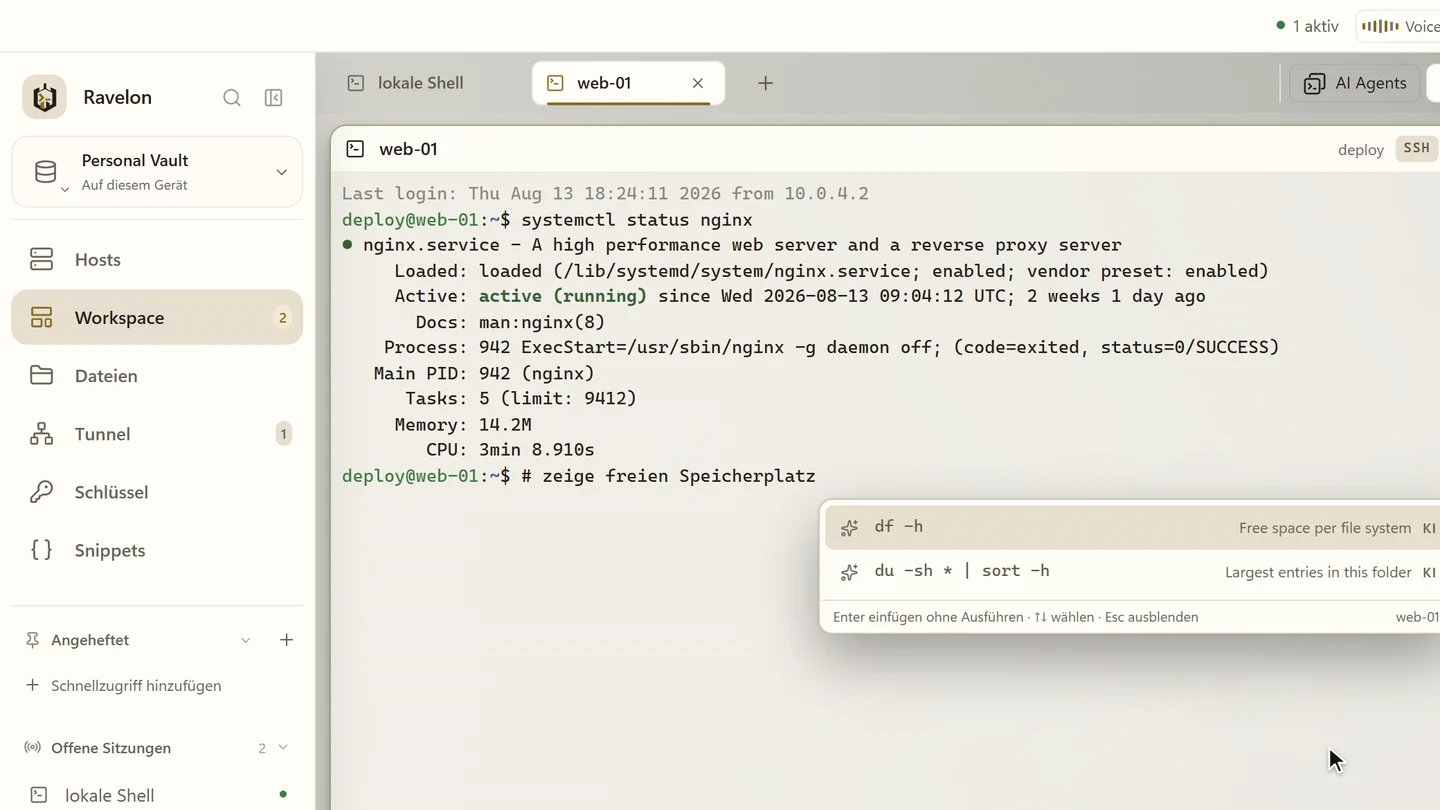 Terminal-Autovervollständigung in Ravelon: Ghost-Text ergänzt einen systemctl-Befehl, dann wird aus einer #-Anfrage der Vorschlag df -h