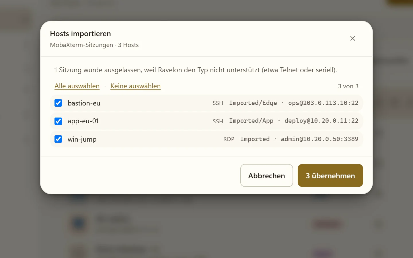 Hosts aus einer MobaXterm-Sitzungsdatei in Ravelon importieren, mit Vorschauliste zum Auswählen