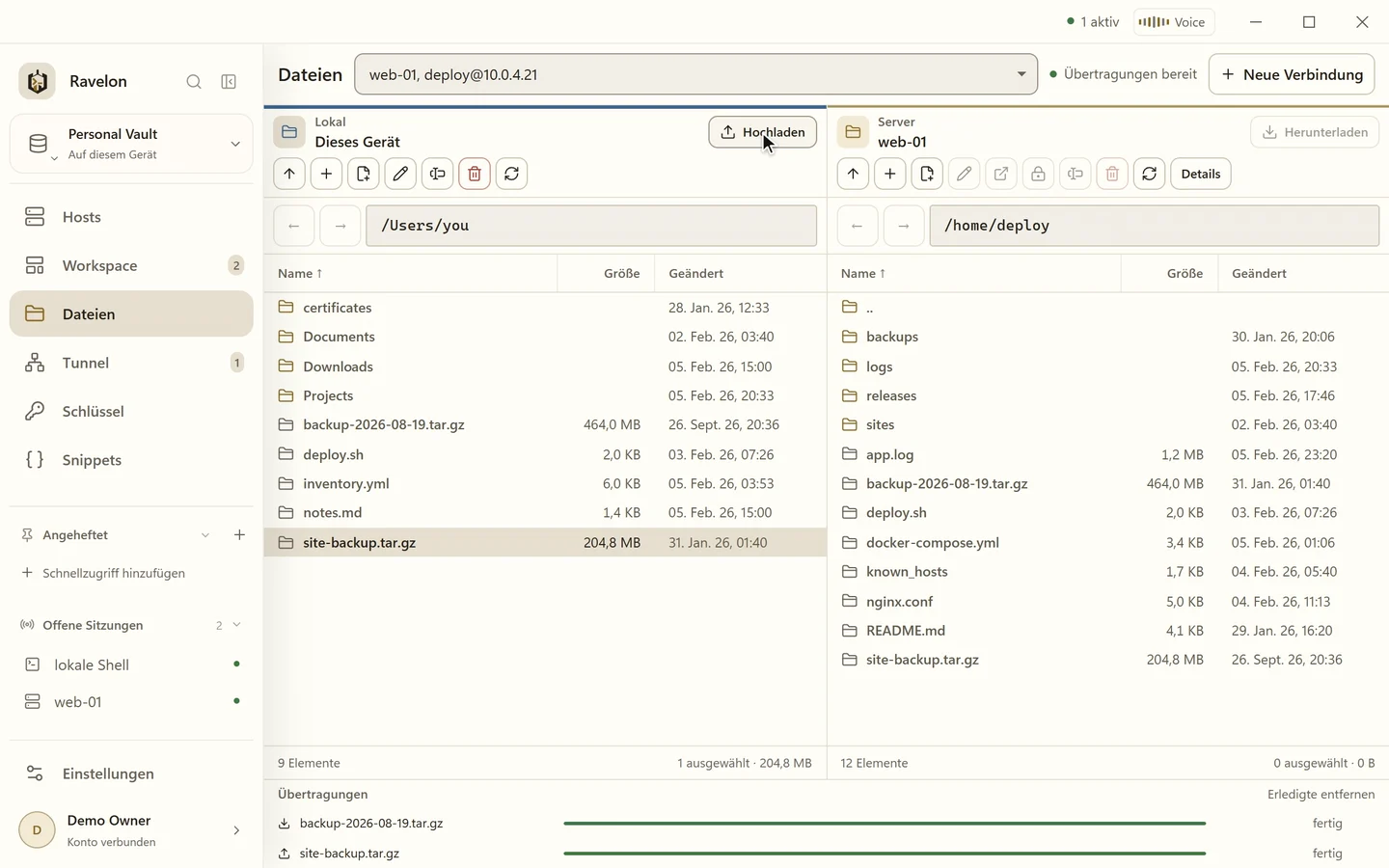 Der SFTP-Dateimanager von Ravelon lädt Dateien mit Fortschritt herunter und hoch und ändert dann die Rechte einer Datei