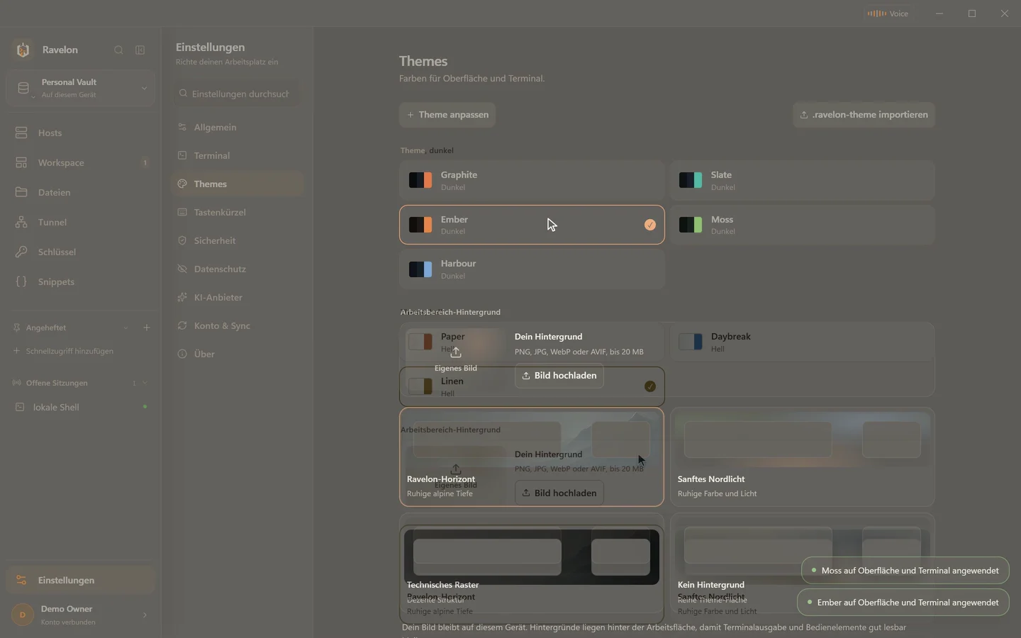 Ravelon-Themes in den Einstellungen live zwischen hellen und dunklen Paletten wechseln