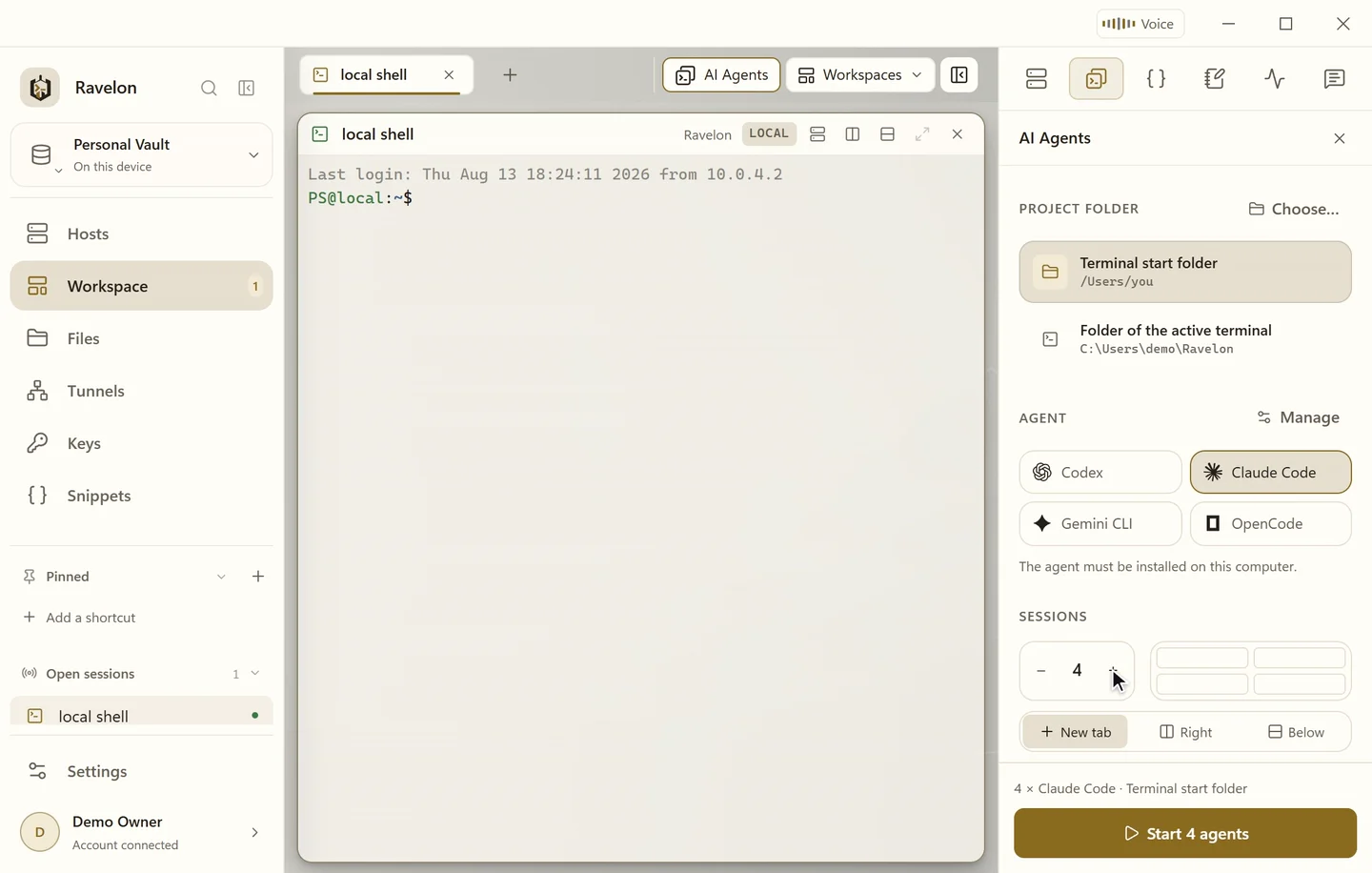 The AI Agents launcher in Ravelon: choosing a coding agent and how many sessions to open