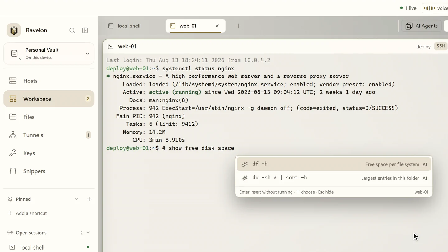 Terminal autocomplete in Ravelon: ghost text completes a systemctl command, then a # request turns into a suggested df -h command