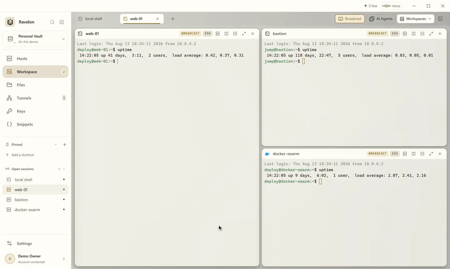 Broadcast mode in Ravelon: uptime is typed once and runs in three SSH sessions at the same time
