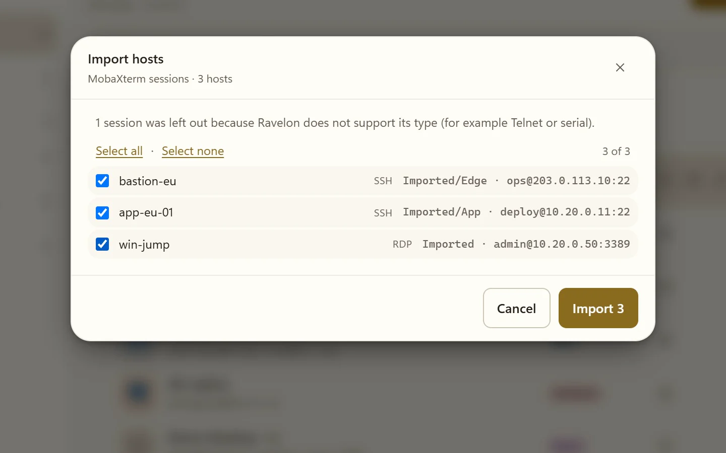 Importing hosts into Ravelon from a MobaXterm sessions file, with a preview list to pick from