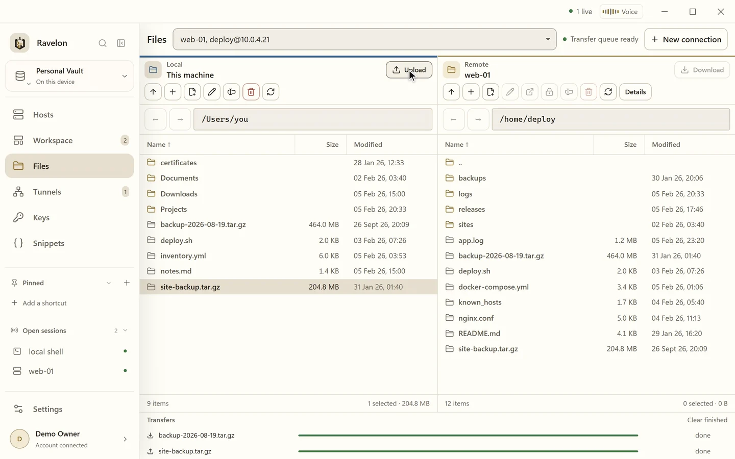 Ravelon's SFTP file manager downloading and uploading files with progress, then changing a file's permissions