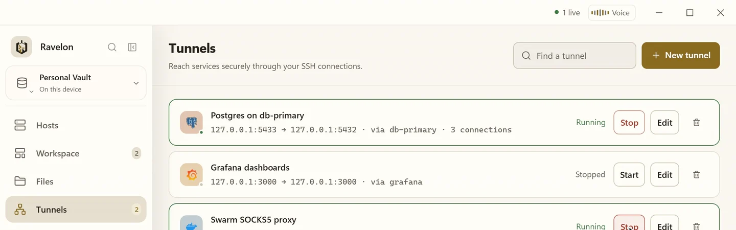 Starting a saved SOCKS5 tunnel in Ravelon, its status switches to running
